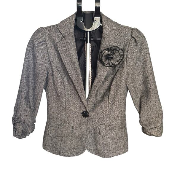 Stooshy Blazer Womens Medium Herringbone Gray Black 3/4 Puff Sleeve Button Y2K - Picture 1 of 7